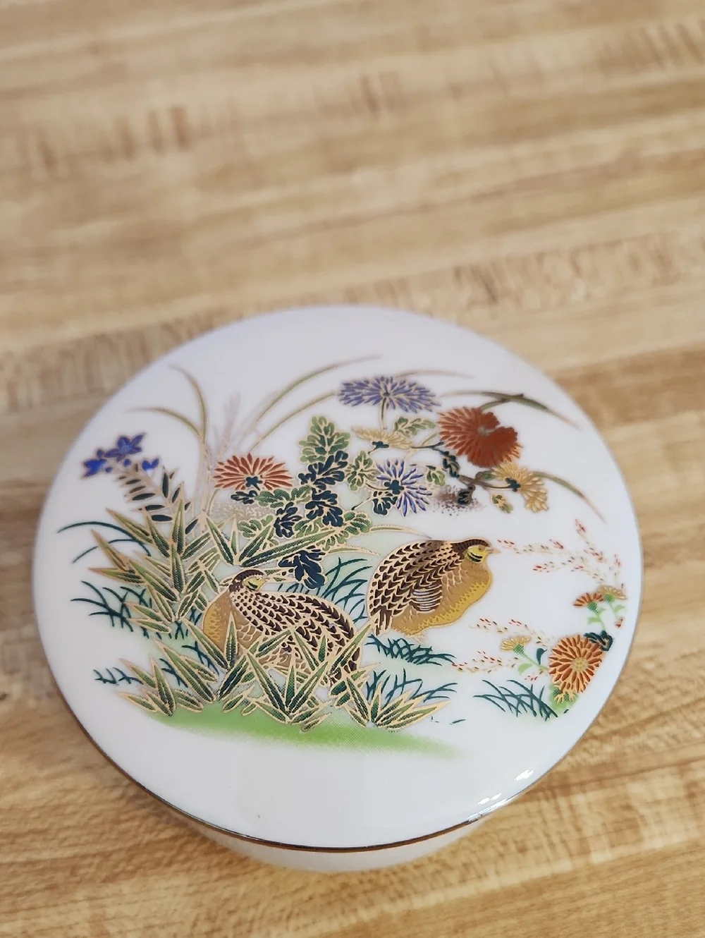 Japanese Porcelain Trinket Box with Quail and Floral Motif